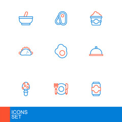 Poster - Set line Soda can, Plate, fork and knife, Fly agaric mushroom, Covered with tray of food, Taco tortilla, Scrambled egg, Popcorn in cardboard box and Steak meat icon. Vector