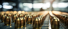 Bullets On The Production Line Of A Machine At A Military Weapon Factory