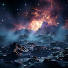 Fantasy alien planet. Mountain and nebula. 3D illustration