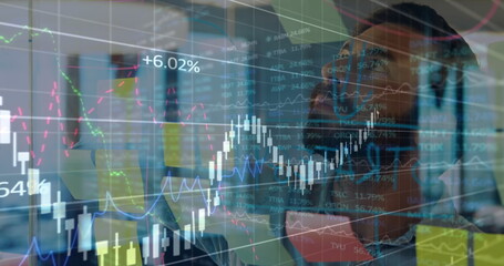 Poster - Image of data processing over caucasian businessman taking notes