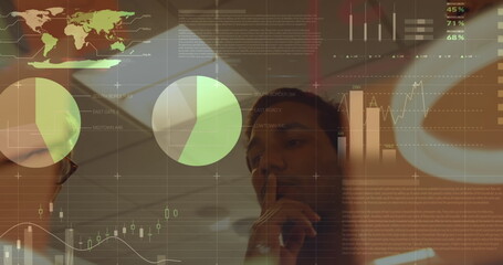 Poster - Image of data processing over diverse business people talking