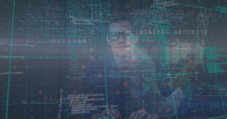 Poster - Image of cyber security data processing over portrait of male hacker using laptop