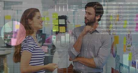 Poster - Image of data processing over caucasian business people talking