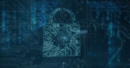 Poster - Image of security padlock icon and data processing over male hacker using laptop