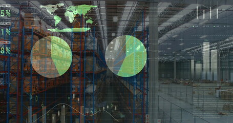 Poster - Image of financial graphs and data over warehouse