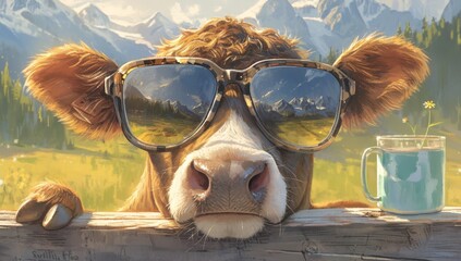 Poster - A cow wearing sunglasses with the mountains in his glasses