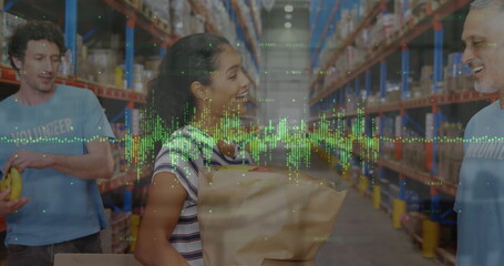 Poster - Image of data processing over indian woman donating to caucasian male volunteer at warehouse