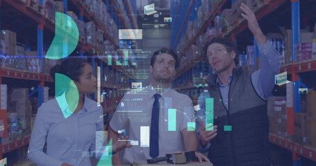 Poster - image of financial graphs and data over diverse female and male warehouse workers