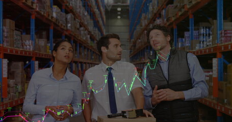 Poster - image of financial graphs and data over diverse female and male warehouse workers