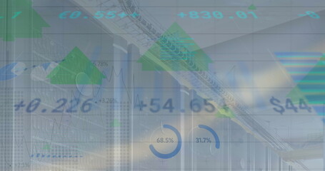 Poster - Image of financial data and graphs over servers and grey background