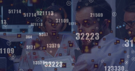 Poster - Image of financial data and icons over diverse businesspeople working in office