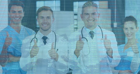 Poster - Data processing over portrait of team of medical health workers showing thumbs up at the hospital