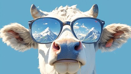 Poster - A cow wearing sunglasses with the Swiss Alps reflected 