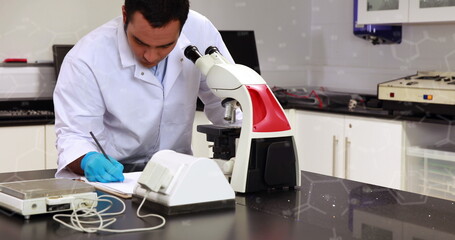 Poster - image of chemical formulas over biracial male lab worker using microscope