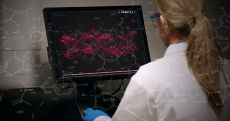 Poster - Image of chemical formulas over back view of caucasian female lab worker using computer