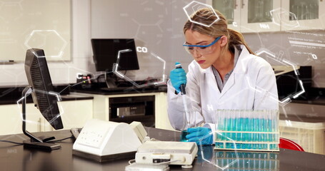 Poster - image of chemical formulas over caucasian female lab worker