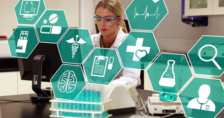 Poster - Image of scientific icons in hexagons over caucasian female lab worker using computer