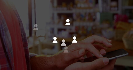 Poster - Image of icons over hands of caucasisn man using smartphone
