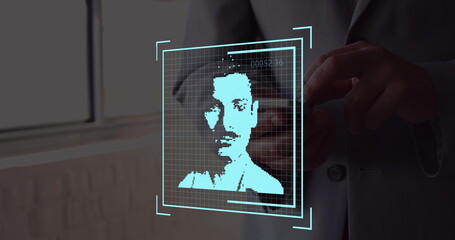 Poster - Image of user photos over hands of caucasian man using smartphone