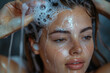 A person using a gentle scalp scrub to remove buildup and refresh their scalp, promoting scalp health and rejuvenation