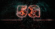 Image of light trails over 5g icon with computer circuit board on black background