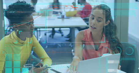 Poster - Image of digital screen with data over diverse female coworkers in office