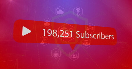 Poster - Image of social media subscribers notification over global business icons, on red and blue