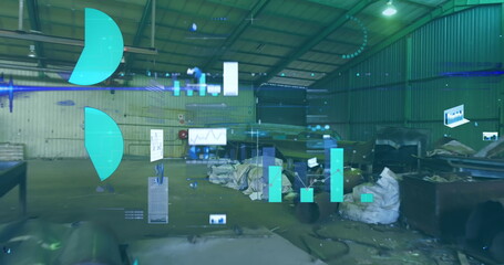 Poster - Image of data processing on graphs and charts over industrial factory interior