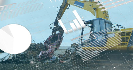 Poster - Image of statistics and data processing over vehicle in scrap yard