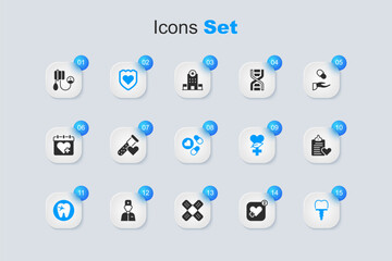 Sticker - Set Mobile with heart rate, Test tube blood, Immune system, Tooth caries, Dental implant, Patient record, Blood pressure and Medicine pill tablet icon. Vector