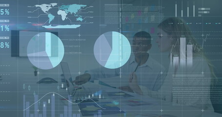 Poster - Image of data processing over diverse business people at office