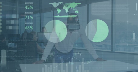 Poster - Image of data processing over caucasian businessman using vr headset at office