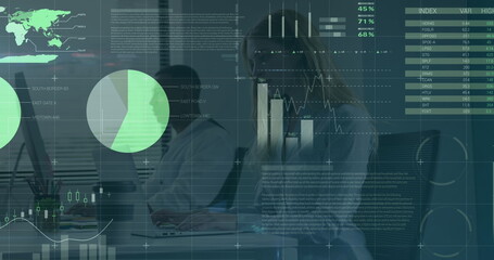 Poster - Image of data processing over diverse business people at office