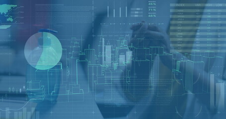 Poster - Image of data processing and digital city over caucasian businesswoman disinfecting hands