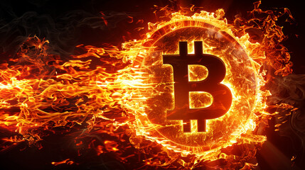 Wall Mural - Bitcoin on fire, symbol of rapidly growing price