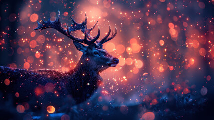 Wall Mural - Unreal glowing deer in enchanted forest, sunrise