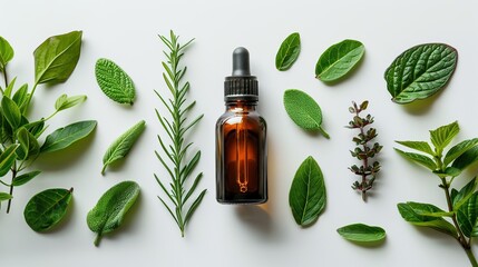 Dark colored transparent glass bottle and fresh leaves on white background. Herbal aromatherapy beauty treatments natural face and body care.