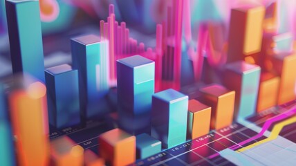 Poster - Colorful 3D financial bar graph chart - A detailed 3D  of financial bar graph rising and falling with a dynamic colorful design