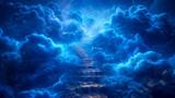 Fototapeta  - Stairs to the sky - stairway to heaven in blue clouds, entrance to the afterlife concept