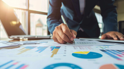 Poster - Close-up of Businessman Analyzing Financial Data - A focused businessman reviews complex financial charts and graphs on paper documents