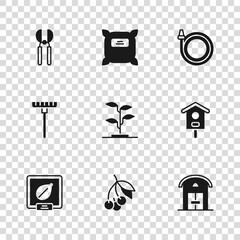 Poster - Set Fresh berries, Bird house, Farm, Sprout, Garden hose, Gardening scissors, Pack full of seeds and rake icon. Vector