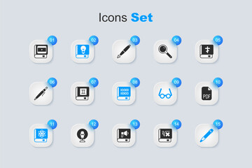 Poster - Set Book with mathematics, User manual, about physics, Pencil eraser, PDF file document, cinema and Books programming icon. Vector