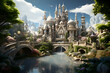 Fantasy landscape with fantasy castle and pond. 3D illustration.
