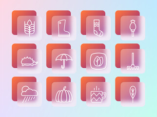 Sticker - Set line Opium poppy, Pumpkin, Leaf, Cup of tea, Umbrella, Socks, Wheat and Waterproof rubber boot icon. Vector