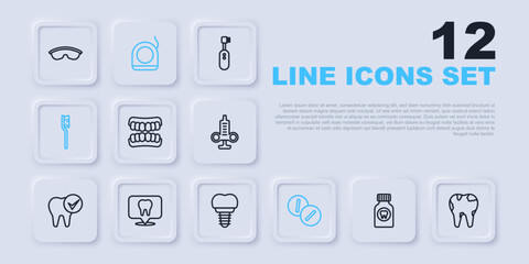 Poster - Set line Toothache painkiller tablet, Broken tooth, Dentures model, Toothbrush, Dental clinic location, floss and implant icon. Vector