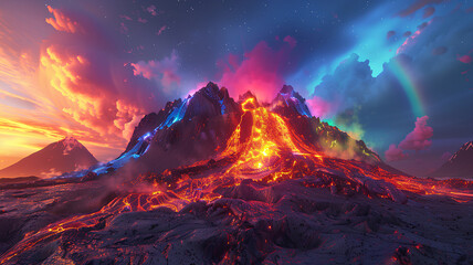 Canvas Print - view of a volcanic eruption. Smoking lava. neon rainbow light natural view of the mountain