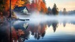 A cozy cabin nestled among colorful autumn foliage on the shore of a tranquil lake, the water shimmering with reflections of the vibrant trees.