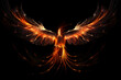 Phoenix  fire bird with its wings spread out. A magical creature made of fire isolated on black background