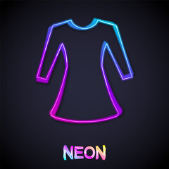 Poster - Glowing neon line Woman dress icon isolated on black background. Clothes sign. Vector