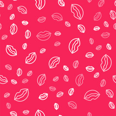 Canvas Print - White line Smiling lips icon isolated seamless pattern on red background. Smile symbol. Vector